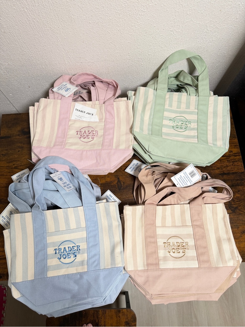 Trader’s Joe Pastel Stripe Canvas Tote Bag - Pink, Green, Blue, Beige-Set of 4
